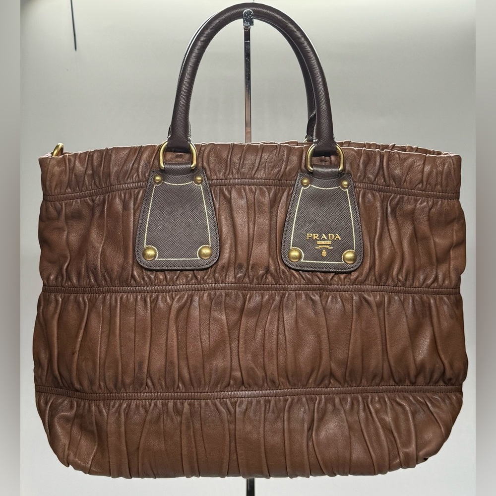 Authentic Prada Brown Nappa Leather Ruched Tote Bag Gold Hardware